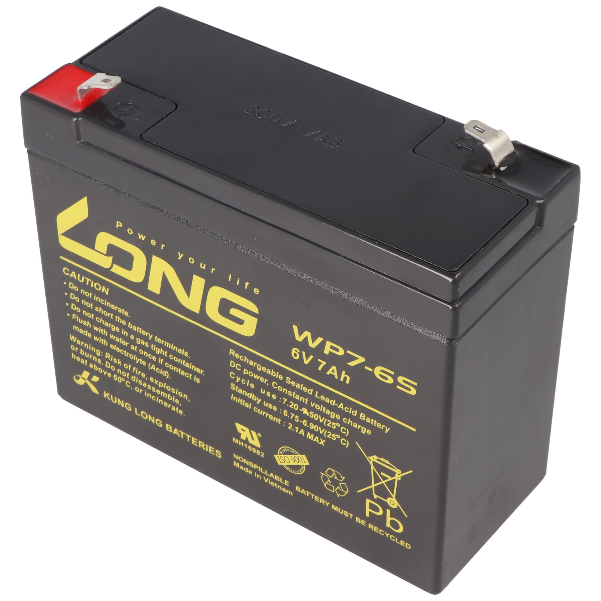 Batterie plomb-polaire Kung Long WP7-S6 F1, 6 volts, 7 Ah avec connexion Faston 4,8 mm